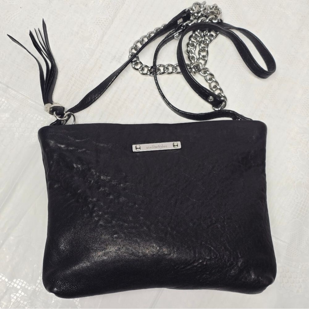 Stella & Dot Black Genuine Leather Crossbody Purse With Tassel Boho Grange Rock